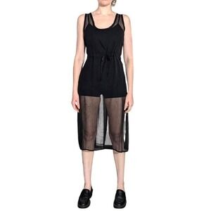 Staley Gretzinger Sheer Black Crinkle Chiffon Overlay Midi Dress Tie Waist Sz S